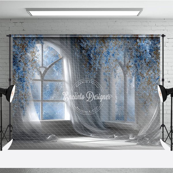 Aperturee Magical Wedding Window Backdrop, Arch Window with Blue Flowers, Sheer Curtains Photography Background Props Studio