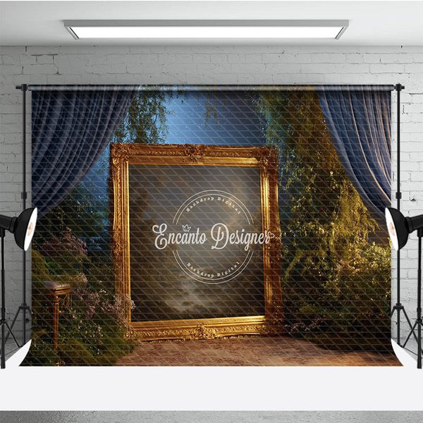 Aperturee Fine Art Backdrop, Ornate Gold Frame in Enchanted Forest, Magical Dark Curtains Photography Background Prop