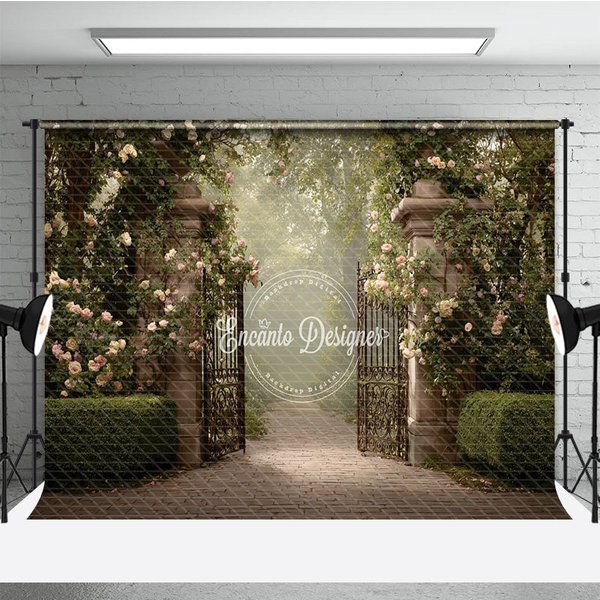 Aperturee Secret Garden Gate Backdrop, Stone Pillars with Iron Gate, Pink Rose Floral Photography Background Prop