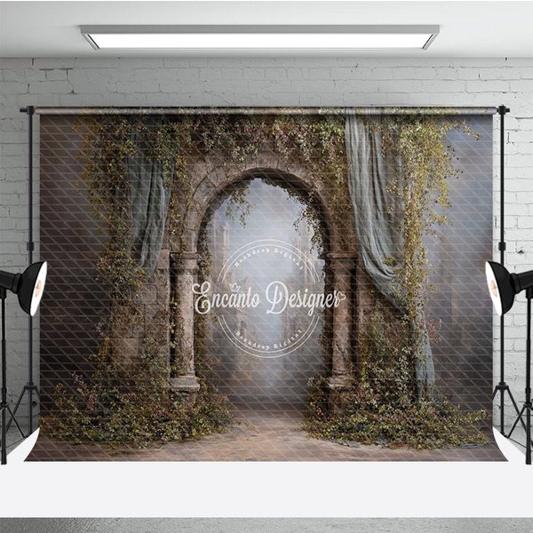 Aperturee Retro Wall Backdrop, Stone Archway with Vines and Blue Drapes, Vintage Castle Photography Background Prop