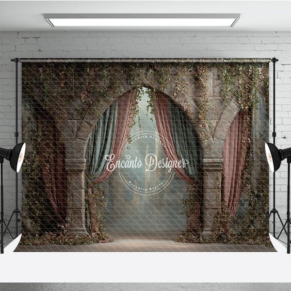 Aperturee Retro Wall Backdrop, Stone Archway with Pink Drapes, Vintage Castle Photography Background Prop with Vines