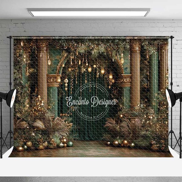 Aperturee Luxury Green and Gold Christmas Backdrop, Interior Architecture Prop, Palace Studio Background