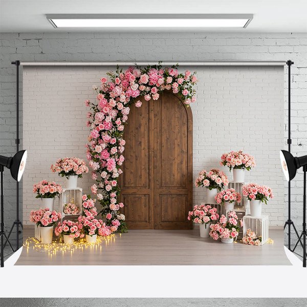 Aperturee White Brick Wall Pink Floral Wood Door Wedding Backdrop, 3X2FT(1MX0.6M), 14 USD, wedding backdrops, ENHD4L96-M