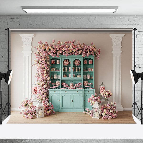 Aperturee Pink Wall Teal Showcase Floral Wedding Photo Backdrop, 3X2FT(1MX0.6M), 14 USD, wedding backdrops, ENHD4L98-M