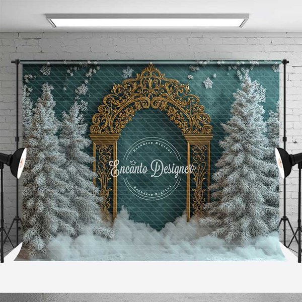 Aperturee Ornate Gold Arch Christmas Backdrop, Architecture Studio Prop, Winter Forest Background