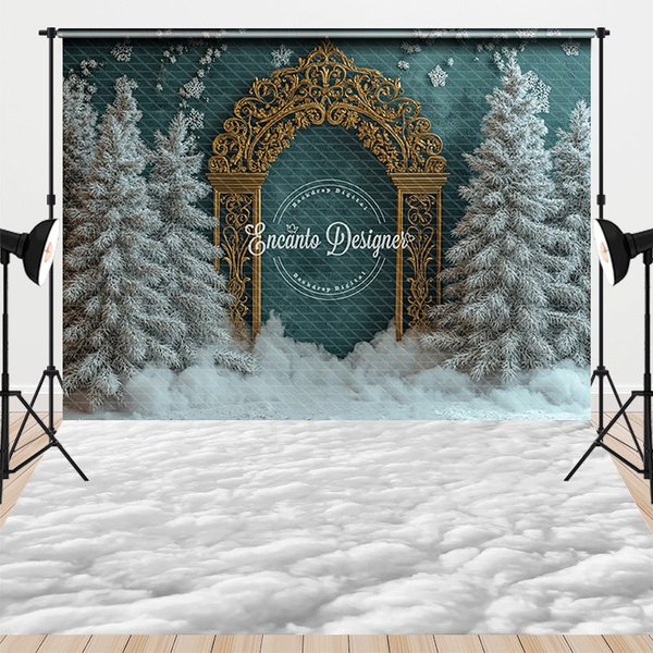 Aperturee Combo Set Backdrop Luxury Teal Wall Gold Arch Winter Snow Floor Background Elegant Christmas Wedding Photo Booth