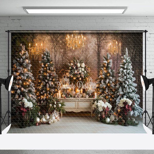 Aperturee Snowy Xmas Tree Candlelight Retro Christmas Backdrop | Diy Christmas Backdrop | Christmas Backgrounds Fireplace | Winter Wonderland Backdrop
