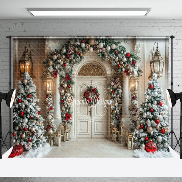 Aperturee White Snowy Luxury Door Christmas Trees Backdrop | Winter Wonderland Backdrop | Christmas Photo Booth Backdrop | Diy Christmas Backdrop
