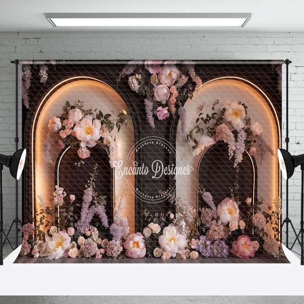Aperturee Black Lighted Arch Wall Floral Wedding Photo Backdrop | Custom Rustic Wedding Backdrop | Wedding Stage Backdrop | Wedding Photo Backdrops