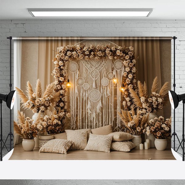 Aperturee Lighted Boho Floral Tassel Pillow Photo Backdrop, 3X2FT(1MX0.6M), 14 USD, boho backdrops, ENHD5L00-M