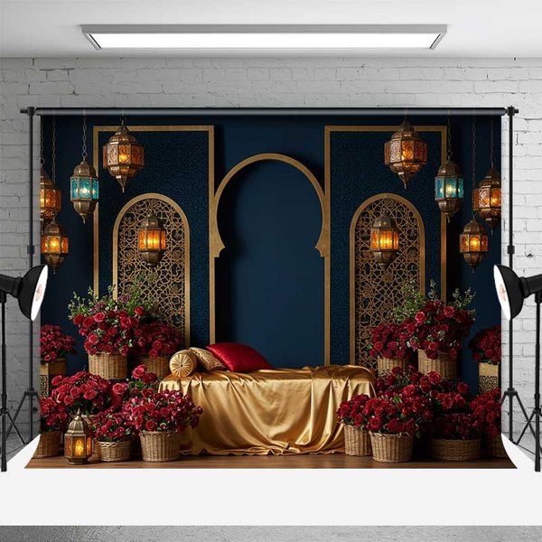 Aperturee Luxury Arabian Nights Photography Backdrop, Moroccan Arch and Lanterns with Red Roses, Elegant Wedding Photo Prop, 3X2FT(1MX0.6M), 14