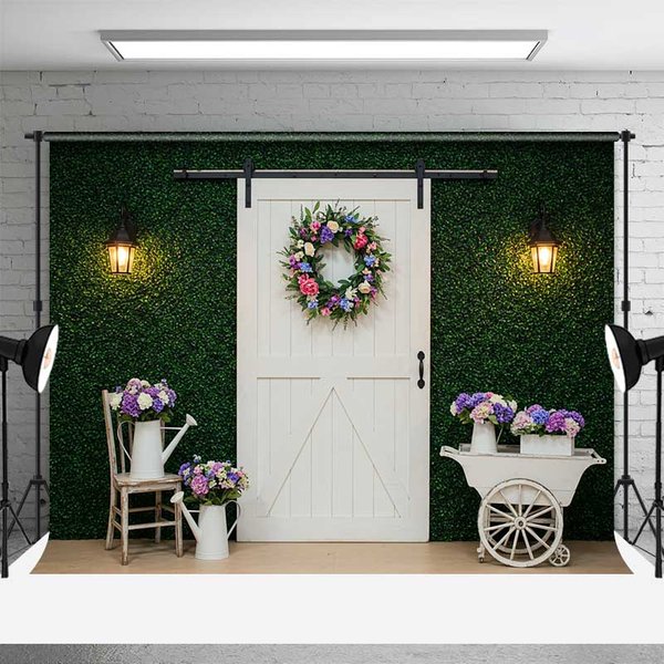 Aperturee Spring Greenery Wall Backdrop, White Farmhouse Barn Door with Wreath, Rustic Garden Themed Photography Prop, 3X2FT(1MX0.6M), 14
