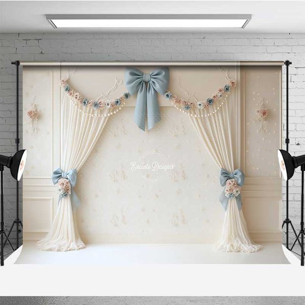 Aperturee Elegant Vintage Wedding Photography Backdrop, Cream Curtains with Blue Bows, Classic and Romantic Studio Prop, 3x2ft (WxH), 14 USD, weddin