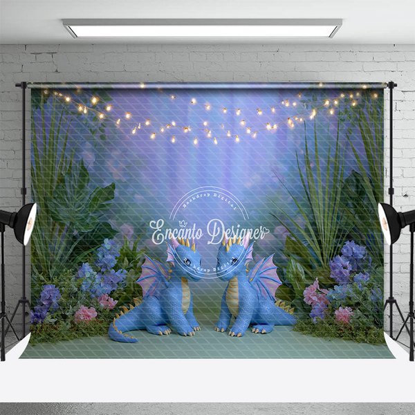 Aperturee Cute Dragons in Enchanted Forest Photography Backdrop, String Lights for Birthday, Fairytale Cake Smash Background, 3x2ft (WxH), 14 USD, b