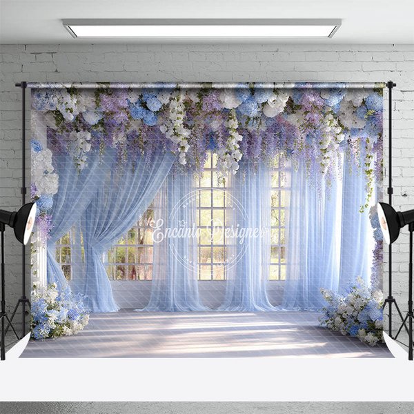 Aperturee Indoor Garden Wedding Photography Backdrop, Hanging Wisteria with Blue Drapes, Romantic Floral Background, 3x2ft (WxH), 14 USD, wedding ba