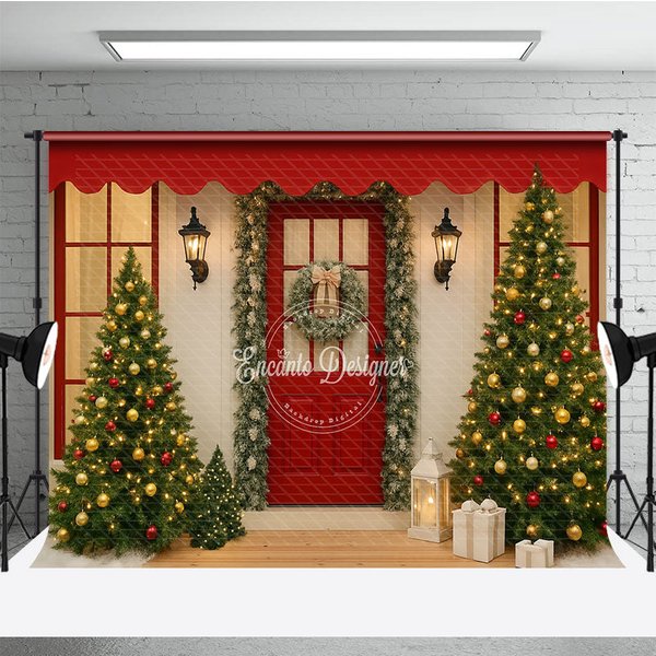Aperturee Christmas Front Porch Photography Backdrop, Red Door with Garland and Trees, Welcoming Holiday Photo Background, 3x2ft (WxH)