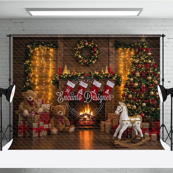 Aperturee Cozy Christmas Fireplace Photography Backdrop, Rustic Mantle with Stockings, Traditional Holiday Photo Background, 3x2ft (WxH)