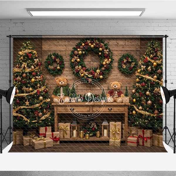 Aperturee Cozy Rustic Christmas Photography Backdrop, Wood Wall with Teddy Bears and Trees, Farmhouse Holiday Background, 3x2ft (WxH)