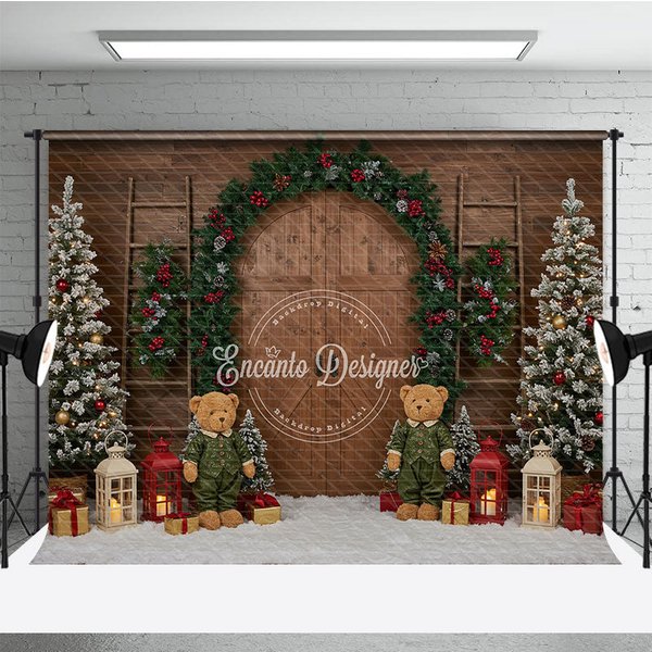 Aperturee Rustic Christmas Barn Door Photography Backdrop, Flocked Trees and Teddy Bears, Farmhouse Holiday Mini Sessions, 3x2ft (WxH)