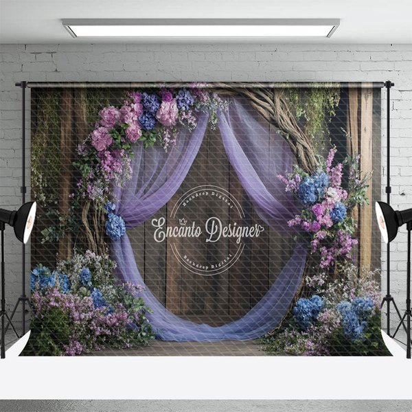 Aperturee Floral Violet Curtain Wooden Sweet Wedding Backdrop, 3X2FT(1MX0.6M), 14 USD, wedding backdrops, ENHD9K45-M