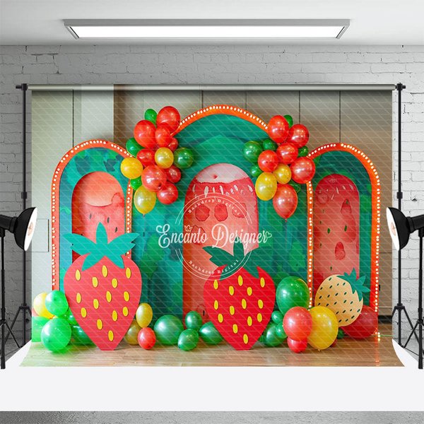 Aperturee Lovely Strawberry Balloon Arch Cake Smash Backdrop, 3X2FT(1MX0.6M), 14 USD, birthday cake smash backdrops, ENHD9K49-M