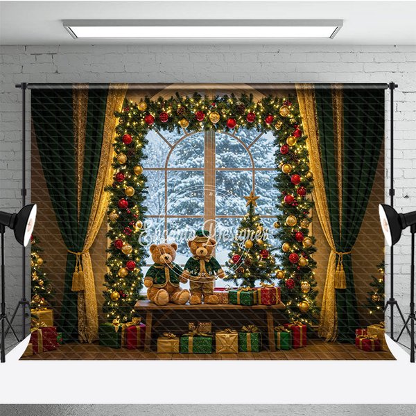 Aperturee Cozy Christmas Window Photography Backdrop, Teddy Bears in Snowy Alcove, Holiday Mini Session Background, 3x2ft (WxH)