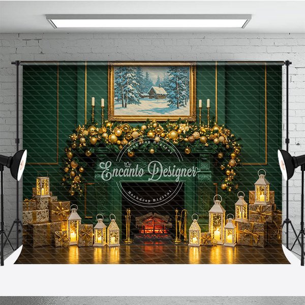 Aperturee Elegant Green Fireplace Photography Backdrop, Gold Garland and Lanterns, Luxury Christmas Photo Background, 3x2ft (WxH)