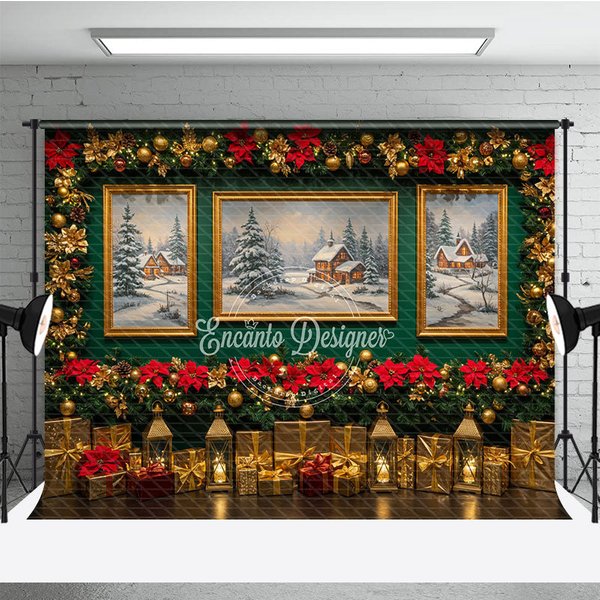 Aperturee Elegant Christmas Photography Backdrop, Green Wall with Poinsettia Garland, Snowy Landscape Art Background, 3x2ft (WxH)