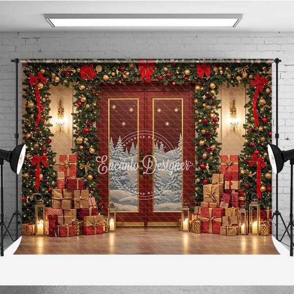 Aperturee Elegant Red Christmas Door Photography Backdrop, Snowy Scene with Garland and Trees, Holiday Mini Session Background, 3x2ft (WxH)