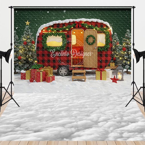 Aperturee Christmas Camper with Red Plaid Combo Set Backdrop, Vintage Trailer in Snow, Holiday Mini Session Photo Floor