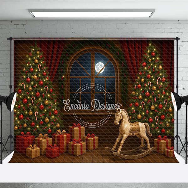Aperturee Classic Christmas Toy Room Photography Backdrop, Rocking Horse by the Full Moon, Holiday Mini Session Background, 3x2ft (WxH)