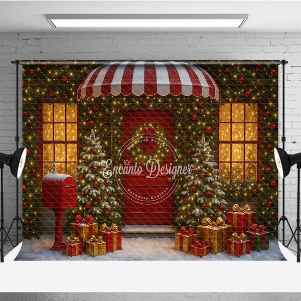 Aperturee Christmas Storefront Photography Backdrop, Festive Red Door with Fairy Lights, Snowy Holiday Photo Background, 3x2ft (WxH)