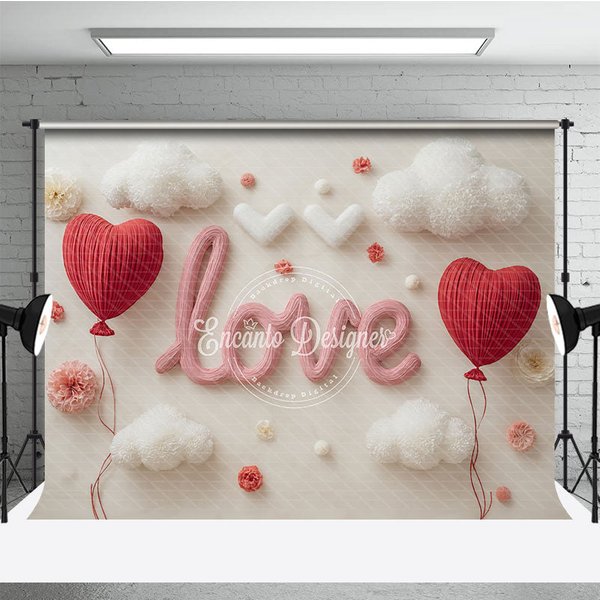 Aperturee Valentines Day LOVE and Red Heart Balloons Backdrop, Romantic White Clouds and Flowers for Couples, Studio Photography