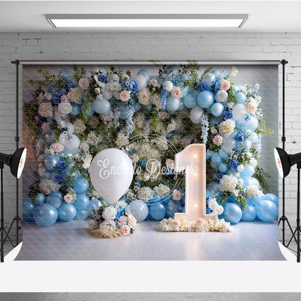 Aperturee First Birthday Cake Smash Backdrop, Blue Balloons and White Floral One Year Old Boy Party Banner Studio Prop