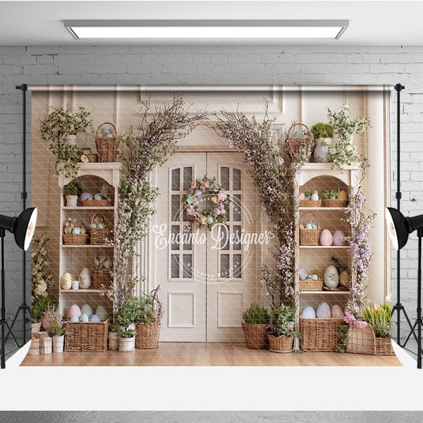 Aperturee Elegant White Door Easter Photography Backdrop, Floral Wreath and Pastel Egg Shelves Studio