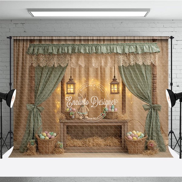 Aperturee Green Striped Curtains Easter Photography Backdrop, Bunny and Pastel Eggs Baskets Studio Background