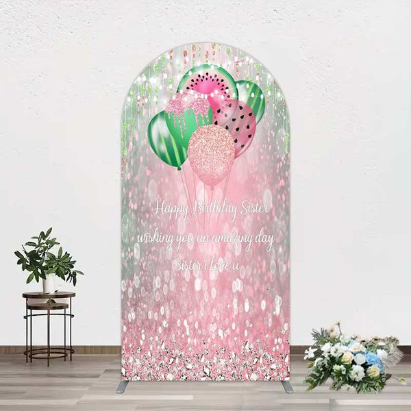 Aperturee Watermelon Balloons Pink Glitter Birthday Arch Backdrop, 1.6x4ft (50x120cm), 98.18 USD, arch backdrop kit, GAH0A549-AJ
