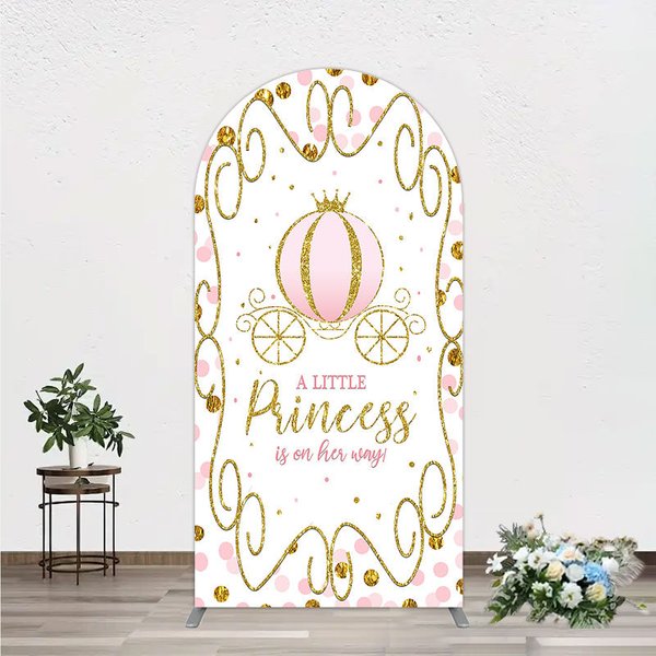 Aperturee Pink Pumpkin Carriage Baby Shower Arch Backdrop Little Princess Party Decoration Royal Gold Glitter Background Photo Prop