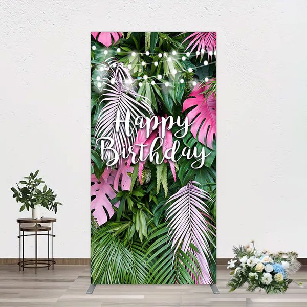 Aperturee Tribal Green Pink Monstera Birthday Rectangle Backdrop, 1.6 x 4 ft (0.5 x 1.2 m), 98.18 USD, arch backdrop kit, GAH0A607CF-AJ