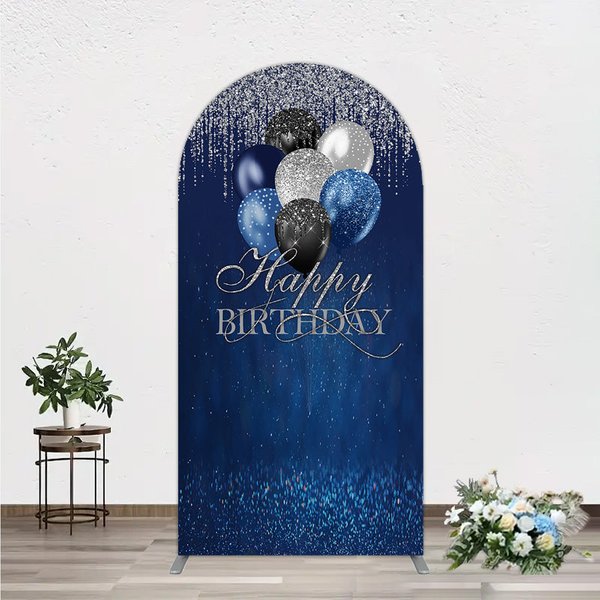 Aperturee Blue Silver Happy Birthday Arch Backdrop Balloon Glitter Rain Party Decor Photo Booth Prop