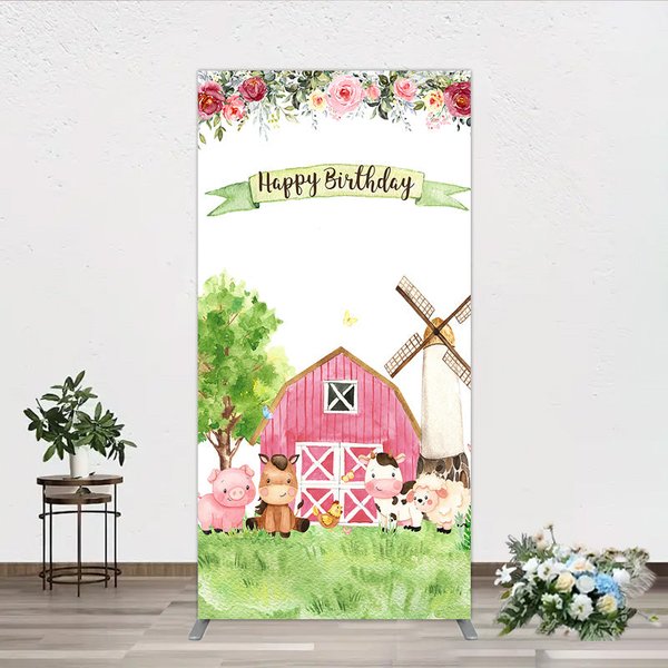 Aperturee Farm Animals Birthday Rectangle Backdrop for Girl, Watercolor Pink Barnyard and Floral Theme, Happy Birthday Party Decor, 1.6x4ft (50x120c