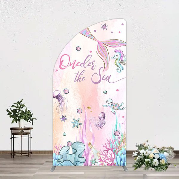 Aperturee Mermaid Oneder The Sea Birthday Cartoon Half Moon Arch Backdrop, 1.6 x 4 ft (0.5 x 1.2 m), 98.18 USD, arch backdrop kit, GAH0B715YL-AJ