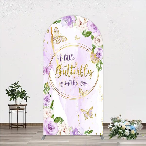 Aperturee A Little Butterfly is on the way Arch Backdrop, Purple Floral Baby Shower Decor, Gold Butterfly for Girl