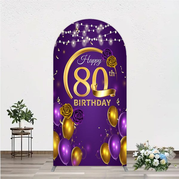 Aperturee Happy 80th Birthday Arch Backdrop for Her, Purple and Gold Balloons with String Lights, Elegant Party Decor, 1.6x4ft (50x120cm)
