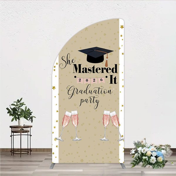 Aperturee She Mastered It 2026 Graduation Half Moon Arch Backdrop, Gold Star and Champagne Party Cover