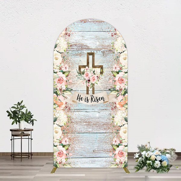 Aperturee Floral Blue Wooden He Is Risen Easter Arch Backdrop, 1.6 x 4 ft (0.5 x 1.2 m), 98.18 USD, arch backdrop kit, GAH0E332-AJ
