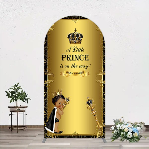 Aperturee Royal Black Gold Baby Shower Arch Backdrop Little Prince Party Decoration African American Boy Crown Background Studio