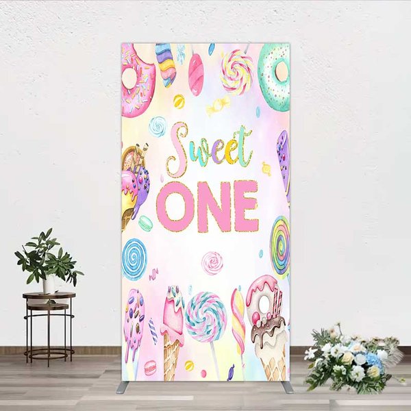 Aperturee Sweet One First Birthday Rectangle Backdrop, Ice Cream and Candy Land Party, Girls Donut and Lollipop Photo Prop Decor, 1.6x4ft (50x120cm)