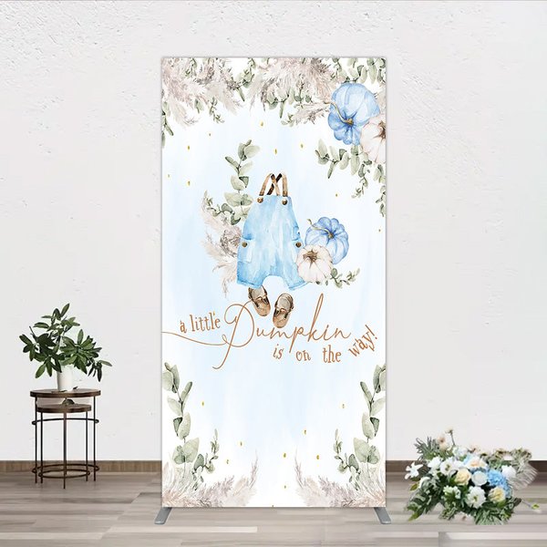 Aperturee A Little Pumpkin is on the Way Rectangle Backdrop, Boho Baby Shower Decor with Pampas Grass, Blue Overalls Theme for Boy, 1.6x4ft (50x120c