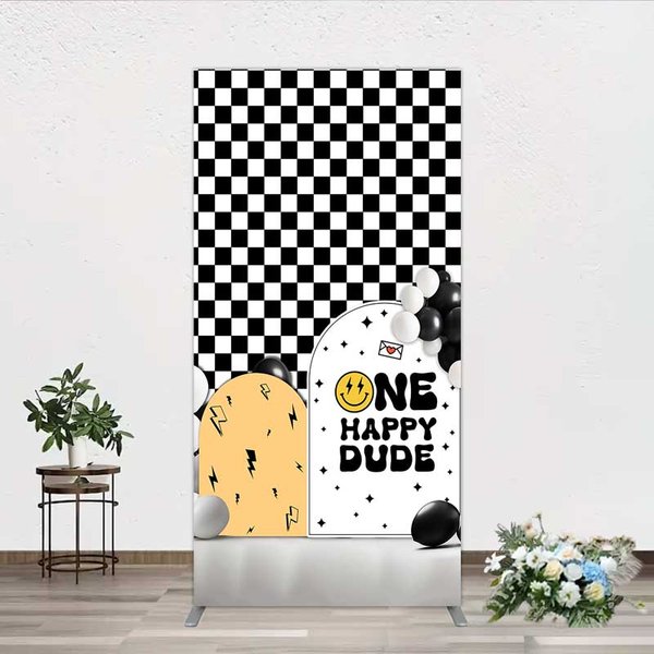 Aperturee One Happy Dude 1st Birthday Arch Backdrop Black and White Checkered with Smile Face Background, Professional Photo Prop